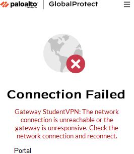 Check the network connection and reconnect. . The network connection is unreachable or the portal is unresponsive
